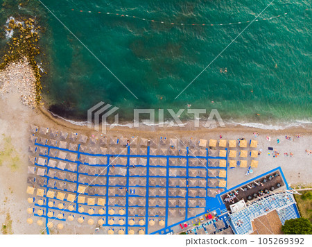 Aerial photographs. View from flying drone. Birds-eye view of beach in Montenegro. Top view Aerial photographs. View from flying drone. Birds-eye view of beach in Montenegro. Top view 105269392
