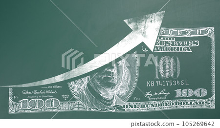 Print of a one hundred-dollar American bill on a green chalkboard and an upward arrow. Concept of inflation increase, currency exchange rate growth Print of a one hundred-dollar American bill on a green chalkboard and an upward arrow. Concept of inflation increase, currency exchange rate growth 105269642