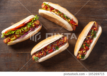 Hot dog . Traditional american fast food . 105269715