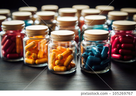 Various medical capsules and tablets in jars. Biologically active additives. Generative AI 105269767