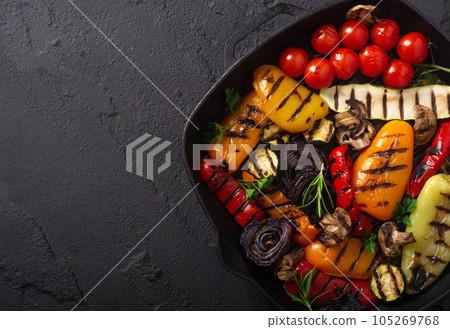 Colorful grilled vegetables on a pan barbecue 105269768