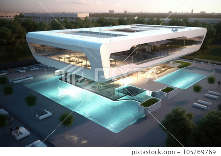 Modern office building with pool in roof. Generative AI 105269769