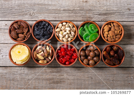 Mix of dried and candied fruits and nuts 105269877