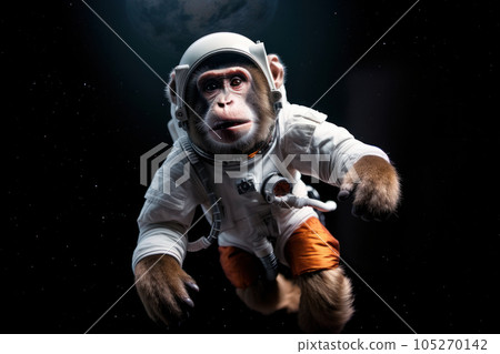 Cute and funny monkey is ready for a journey into the cosmos in its white space suit and helmet. love of exploration and adventure, this primate is perfect for a mission to the stars. AI Generative 105270142