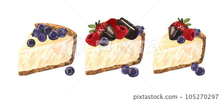 Watercolor set dessert, piece of cheesecake with fresh berries strawberries and blueberry. Hand-drawn illustration isolated on white background. Perfect food menu, food drawing, design packing, print 105270297