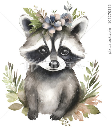 Cute cartoon raccoon on the background of plants and flowers, watercolor illustration. Cute cartoon raccoon on the background of plants and flowers, watercolor illustration. 105270353