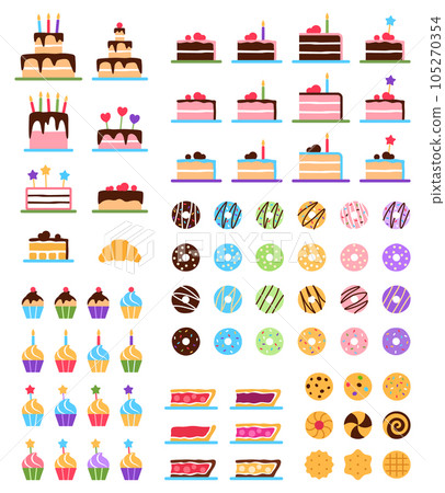Pastry objects set on white background. Tasty baked healthy elements dessert collection. Flat biscuit cake donut cookie cupcake chocolate pie croissant. Cartoon sweet snack food illustration. 105270354