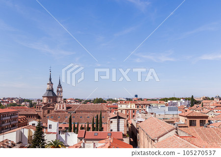 Aerial view landmark Plaza de Cervantes, Alcala de Henares, Community of Madrid travel destination Aerial view landmark Plaza de Cervantes, Alcala de Henares, Community of Madrid travel destination 105270537