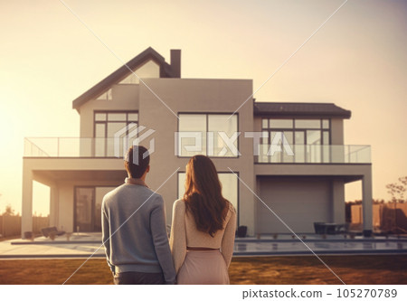 Happy couple next to the new build or purchased house Generative AI 105270789