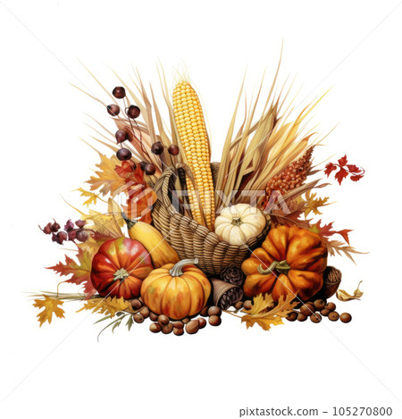 Autumn harvest in a basket, watercolor clipart Generaative AI 105270800