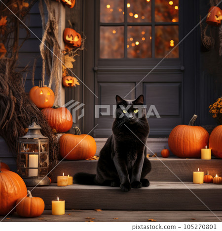 Black cat seating on the terrace with autumn decoration with pumpkins and flowers Generative AI 105270801