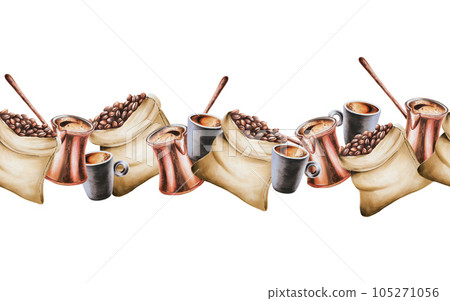 Watercolor seamless border with coffee making tools. Latte, espresso, americano, cappuchino, raff, mocha. Hand painting logo on isolated background. For designers, menu, shop, bar, bistro, restaurant, 105271056