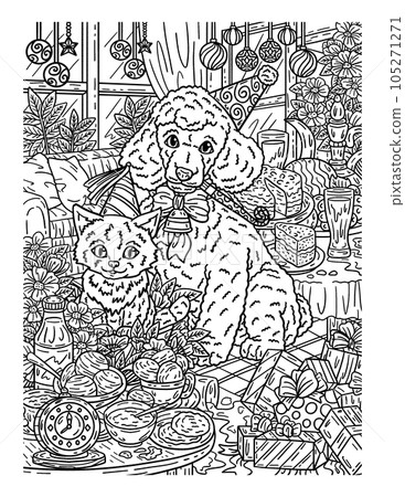New Year Cat and Dog Party Hats Adults Coloring  105271271