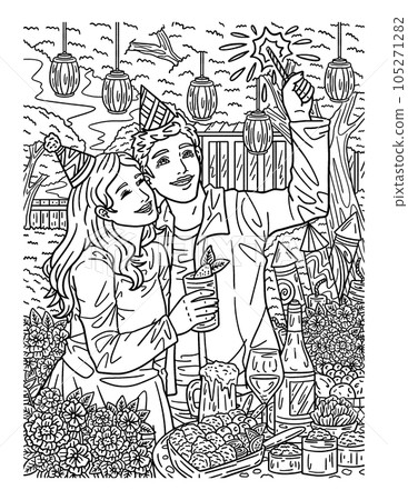 Couple Celebrating New Year Adults Coloring Page  105271282