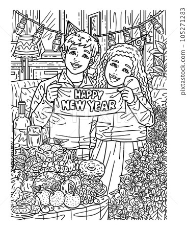 Children Holding New Year Banner Adults Coloring Children Holding New Year Banner Adults Coloring 105271283