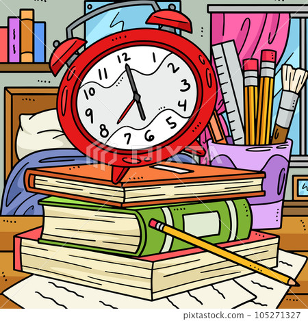 Back to School Alarm Clock and Books Colored Back to School Alarm Clock and Books Colored 105271327