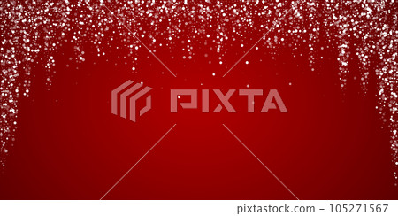 Snowy christmas background. Subtle flying snow flakes and stars on christmas red background. Delicate sweet snowy christmas. Wide vector illustration. Snowy christmas background. Subtle flying snow flakes and stars on christmas red background. Delicate sweet snowy christmas. Wide vector illustration. 105271567