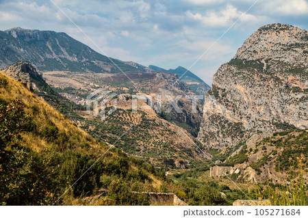 Raganello Gorge with Devil bridge in Civita, Calabria, Italy. Beautiful mountain landscape of the Pollino National Park 105271684