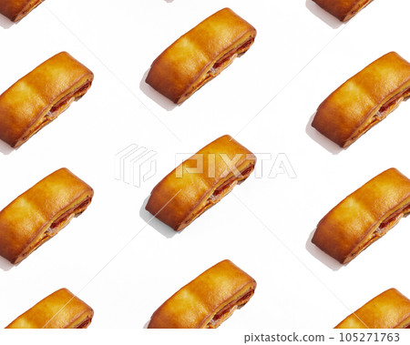 Lanche misto traditional portuguese sandwich with cheese and chorizo. Tasty breakfast over white background 105271763