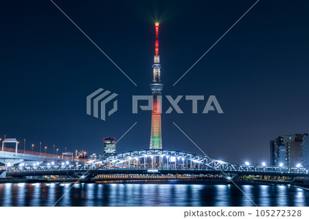Beautiful light up of "Tokyo" Sky Tree and Shirahige Bridge 105272328