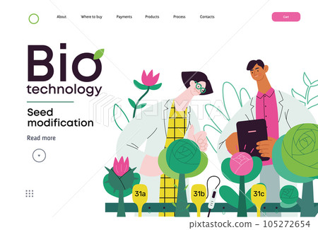 Bio Technology, Seed Modification -modern flat vector concept illustration of scientists analysing genetic modificated variants of a plant. Metaphor of direct impact of GMO on vegetation 105272654