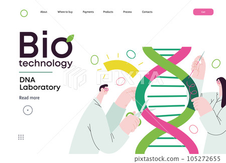 Bio Technology, DNA Laboratory -modern vector concept illustration of scientists dissecting DNA double helix, manipulating and rearranging fragments. Metaphor of advancements in agriculture, medicine 105272655