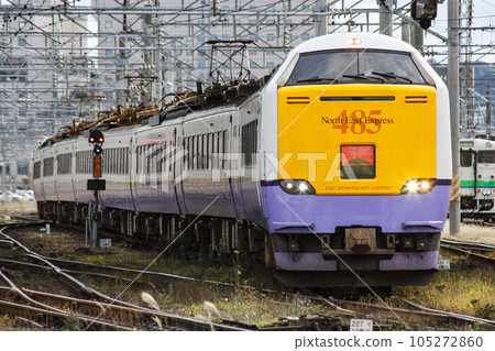 [Driver's face has been blurred] JR East 485 Series 3000 Series Limited Express Shiratori Departing from Hakodate Station From a nearby road 105272860