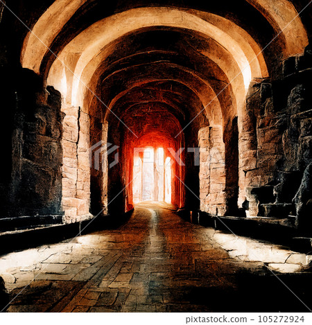Ancient arched stone corridor. At the end of the corridor spots of light from the sun on the wall. AI-generated 105272924