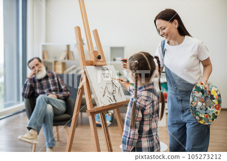 Mother teaching daughter arts on grandpa's portrait at home Mother teaching daughter arts on grandpa's portrait at home 105273212