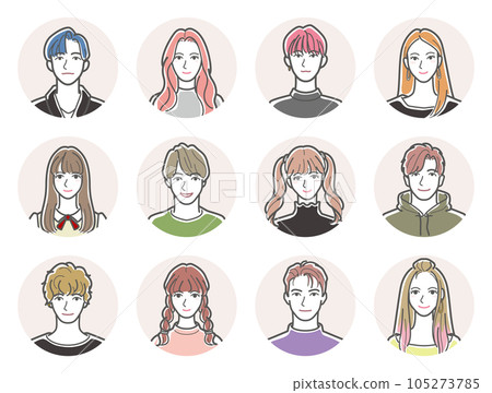 各種各樣的人的面孔的例證年輕人的面孔。 105273785