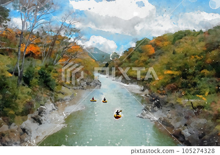 People in canoes and kayaks going down the river in autumn leaves Watercolor painting Generative AI 105274328