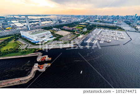 Aerial view of Odaiba Harbor in Tokyo, Japan 105274471
