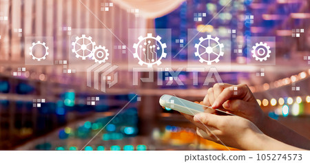Automation concept with person using a smartphone in city at night Automation concept with person using a smartphone in city at night 105274573