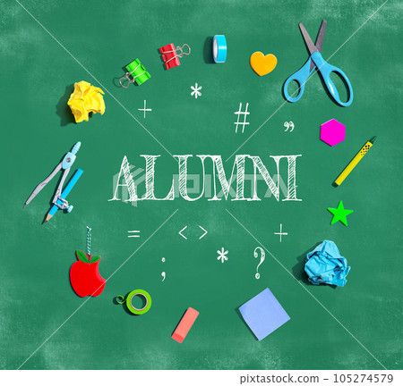 Alumni theme with school supplies on a chalkboard 105274579