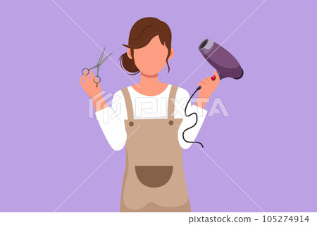 Cartoon flat style drawing cute young woman barber with hair dryer and scissors ready to service client. Hairstylist or hair style beauty concept. Success business. Graphic design vector illustration 105274914