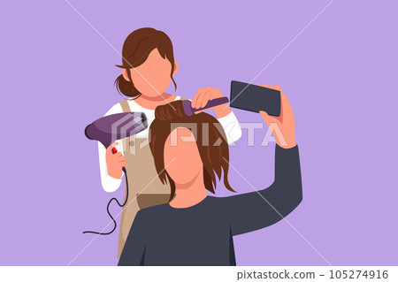 Cartoon flat style drawing beautiful young girl taking picture with smartphone and stylist. Going for change of style, discussing hairstyling with her hairdresser. Graphic design vector illustration 105274916