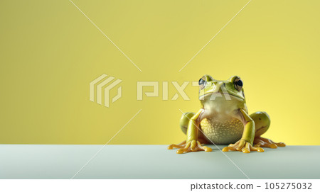 Real green frog with a light white belly sitting on a surface, isolated on a light green background. High quality illustration 105275032