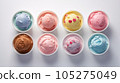 Advertising shot, several bowls of multi type and taste ice cream, top view, isolated on light gray background. High quality illustration 105275049
