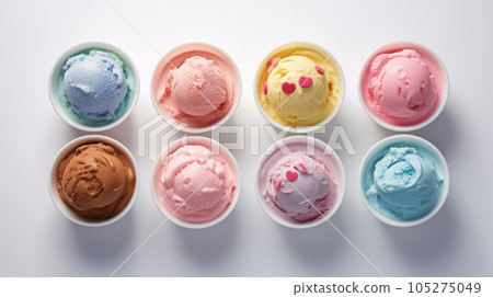 Advertising shot, several bowls of multi type and taste ice cream, top view, isolated on light gray background. High quality illustration Advertising shot, several bowls of multi type and taste ice cream, top view, isolated on light gray background. High quality illustration 105275049