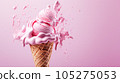 Advertising shot, pink fruit ice cream with splashes in a cone isolated on light pink background. High quality illustration 105275053