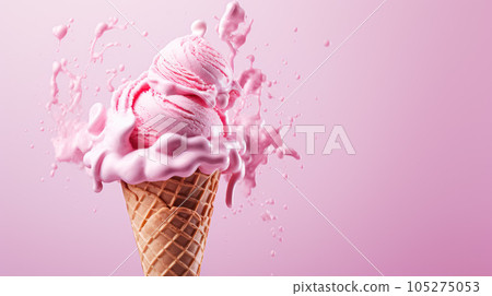 Advertising shot, pink fruit ice cream with splashes in a cone isolated on light pink background. High quality illustration 105275053