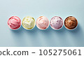 Advertising shot, several bowls of different ice cream in a row, top view, isolated on light gray background. High quality illustration 105275061