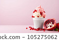 Advertising shot, pink and vanilla ice cream in a cup with pomegranate, isolated on light pink background. High quality illustration 105275062