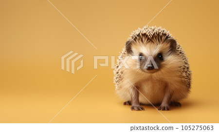 Advertising portrait, banner, small biege classic hedgehog with needles, straight look , isolated on yellow background. High quality illustration Advertising portrait, banner, small biege classic hedgehog with needles, straight look , isolated on yellow background. High quality illustration 105275063