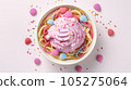 Advertising shot, a bowl of spaghetti ice cream with sprinkles, top view on light pink background. High quality illustration 105275064