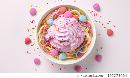 Advertising shot, a bowl of spaghetti ice cream with sprinkles, top view on light pink background. High quality illustration Advertising shot, a bowl of spaghetti ice cream with sprinkles, top view on light pink background. High quality illustration 105275064