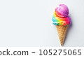 Advertising shot, multicolored ice cream with balls in cone, isolated on a light gray background. High quality illustration 105275065