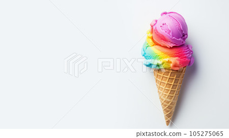 Advertising shot, multicolored ice cream with balls in cone, isolated on a light gray background. High quality illustration 105275065