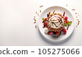 Plate with cream and creamy ice cream on a plate with fruits, berries and chocolate, poured with syrup in a top view isolated on light gray background. High quality illustration 105275066