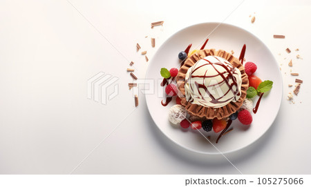 Plate with cream and creamy ice cream on a plate with fruits, berries and chocolate, poured with syrup in a top view isolated on light gray background. High quality illustration Plate with cream and creamy ice cream on a plate with fruits, berries and chocolate, poured with syrup in a top view isolated on light gray background. High quality illustration 105275066